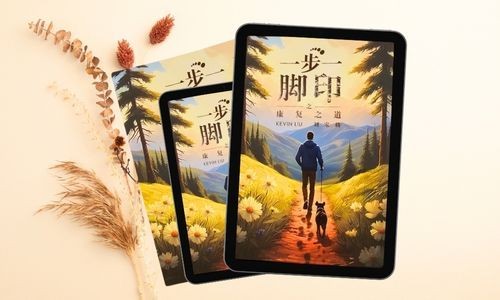 Illustrated book cover showing a person and dog walking on a path in a scenic mountainous landscape.