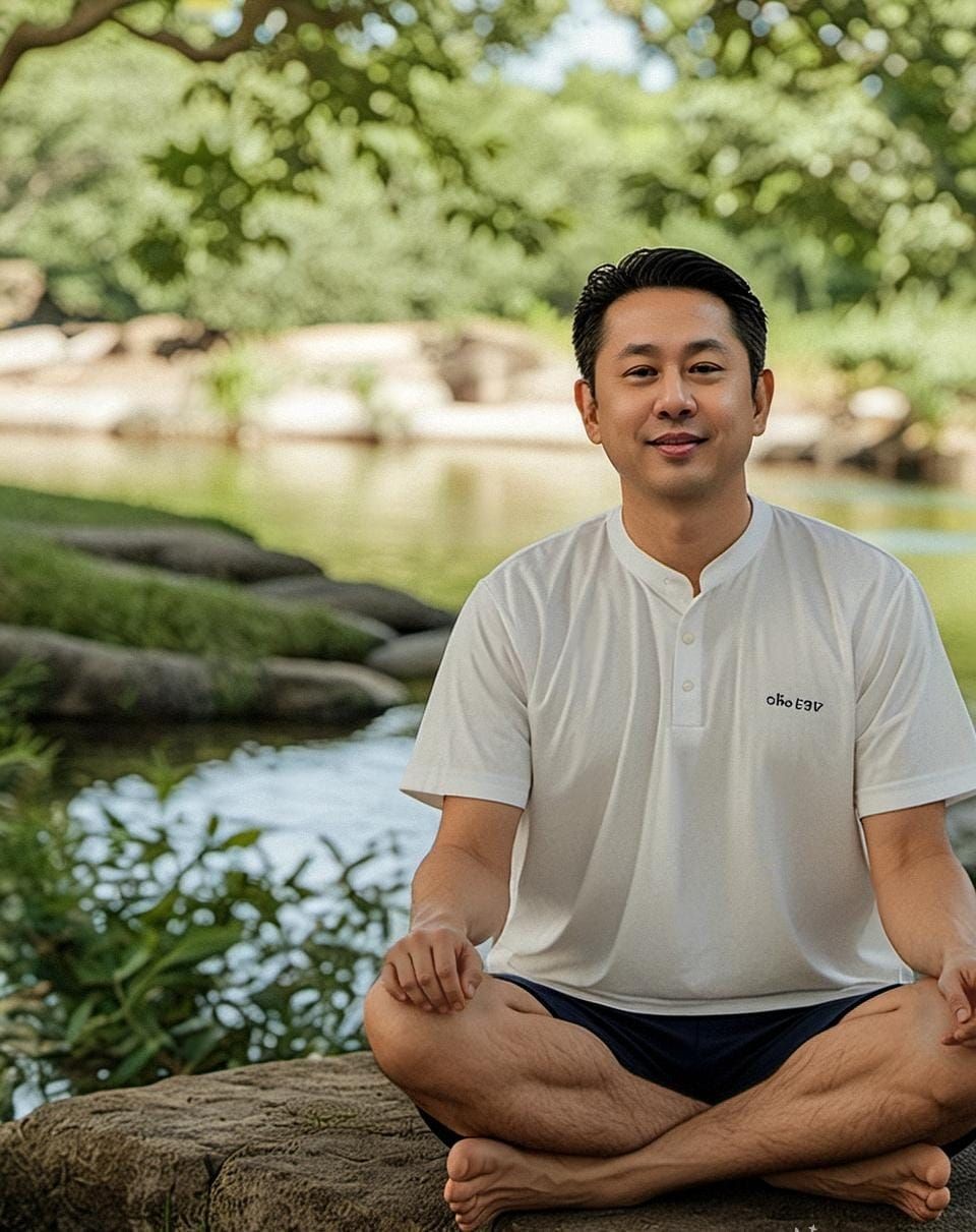 Person in white shirt meditating outdoors by a river, surrounded by greenery.