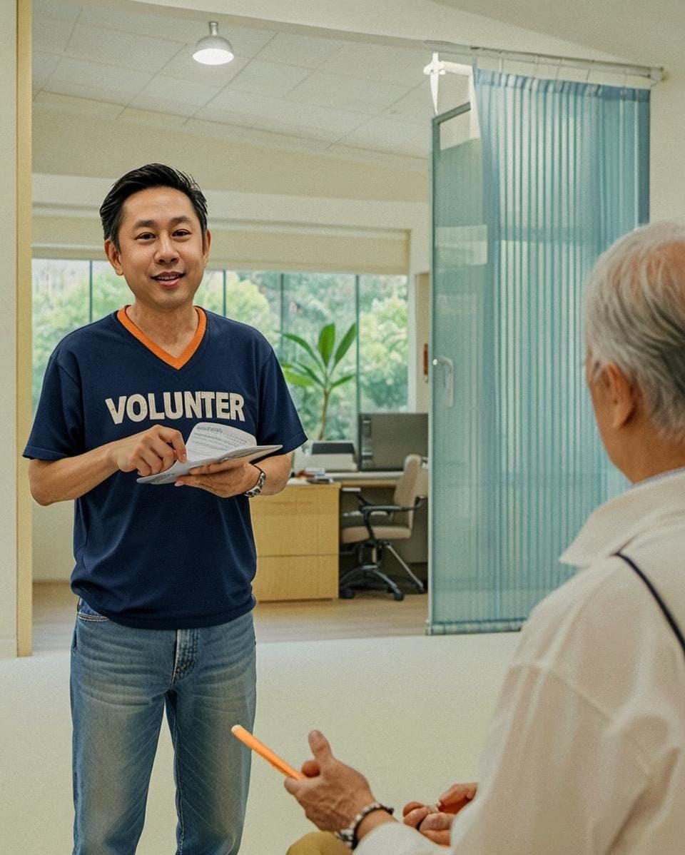 Volunteer speaking to an elderly person in an office setting, holding a booklet and a pen.