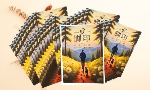 Stack of Chinese books with a cover featuring a person and dog in a scenic mountain landscape.